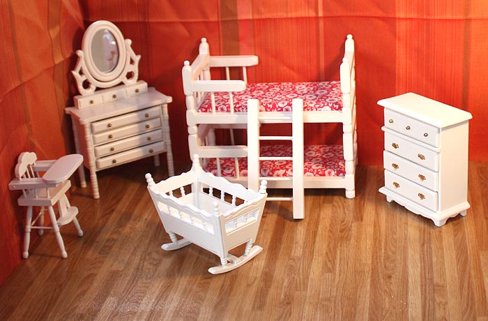 Puppenmöbel KINDERZIMMER mit Etagenbett weiss 1:12 6-teilig HAND