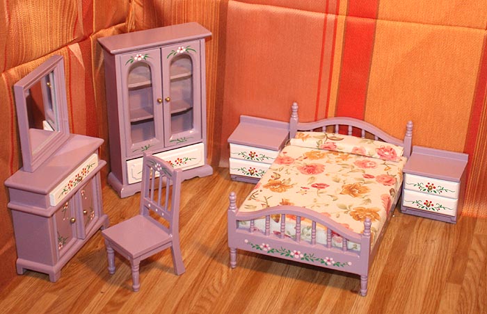 Puppenmöbel SCHLAFZIMMER mit Kommode und Spiegel flieder 1:12 7-