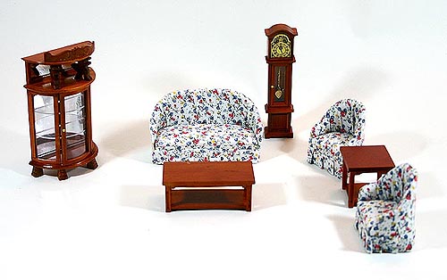 WUNDERSCHÖNES WOHNZIMMER VITRINE 1:12 7-teilig HANDARBEIT